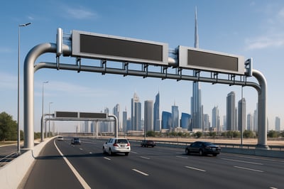 Modern Dubai highway with electronic toll gantries